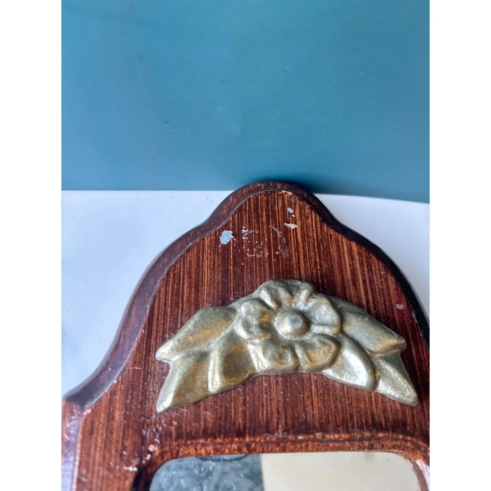 Vintage Metal Faux Wood Brass Mirror Wall Sconce Pair Floral Candle Holder Set